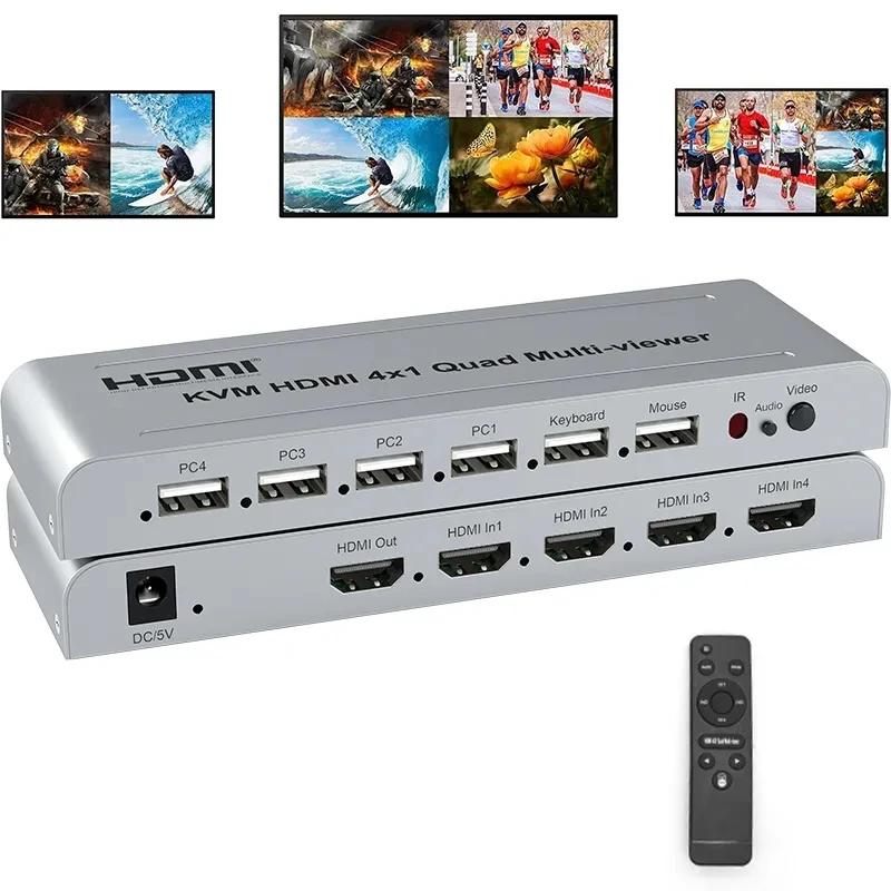 Фото Четырехъядерный многофункциональный переключатель KVM HDMI 4X1 4 в 1, видеопроцессор, многофункциональный экран, бесшовный 1080P, поддержка USB-клавиатуры, мыши №5