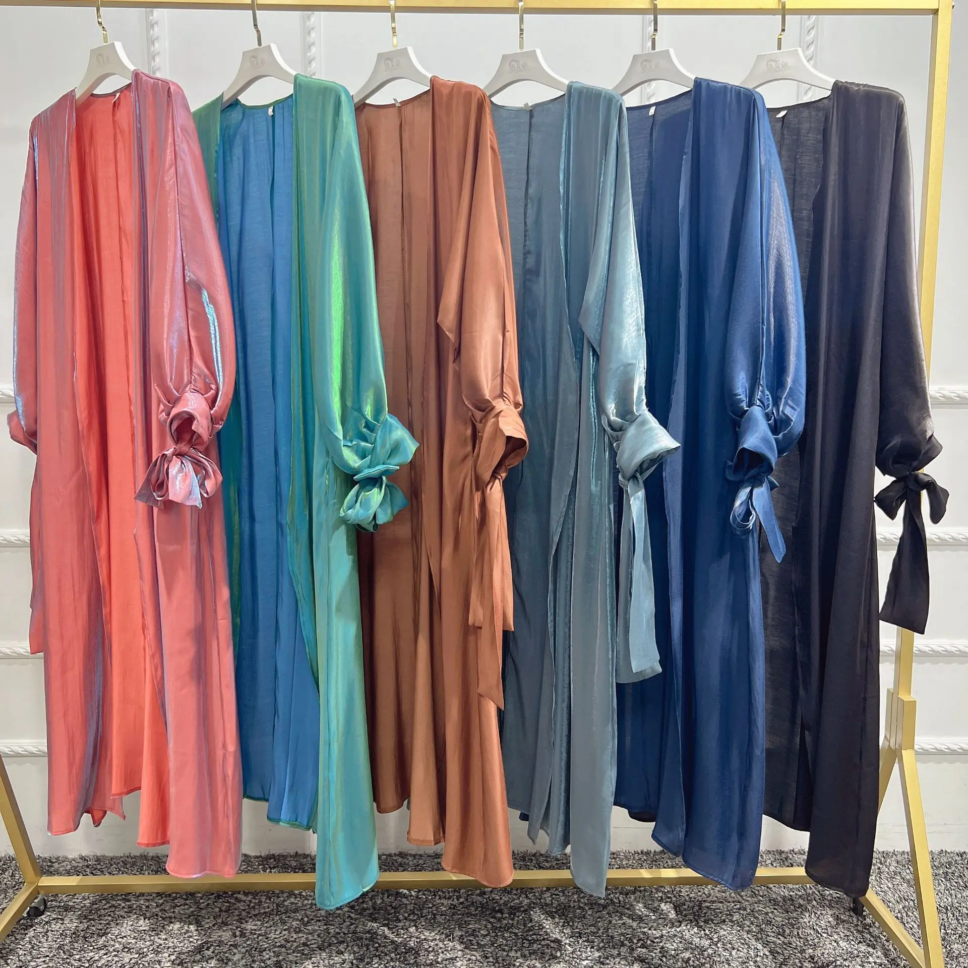 Muslim Dress Women Bubble Sleeve Cardigan 2022 Summer Colorful Elegant Long Drerss Oppen Abaya Jalabiya for Women
