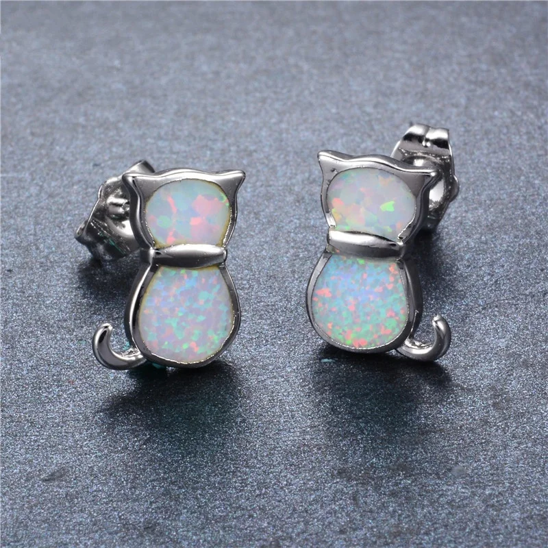 

2023 Cute Cat Women Stud Earrings Anniversary Party Gift Fashion White/Blue Imitation Fire Opal Earrings For Women Accessories