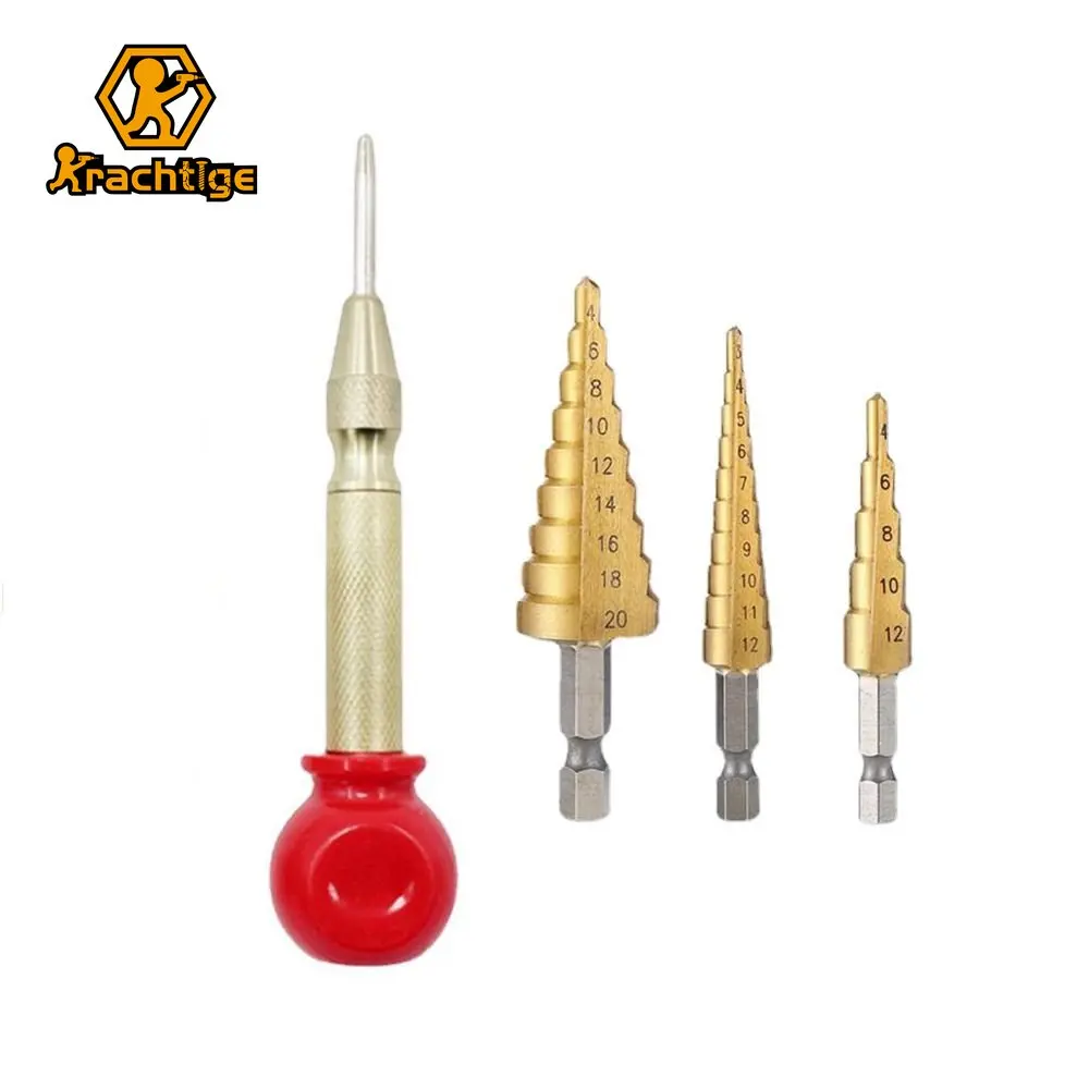 Krachtige 3-12mm 4-12mm 4-20mm HSS Titanium Step Cone Drill Bit Set + Automatic Center Pin Puncher