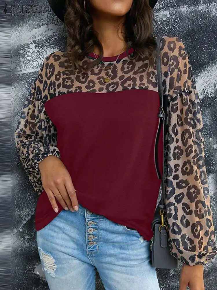 

ZANZEA Sexy Leopard Stitching Shirts Women Round Neck Chic Tops Fashion Long Puff Sleeve Blouse Casual Loose Solid Splicing Tops