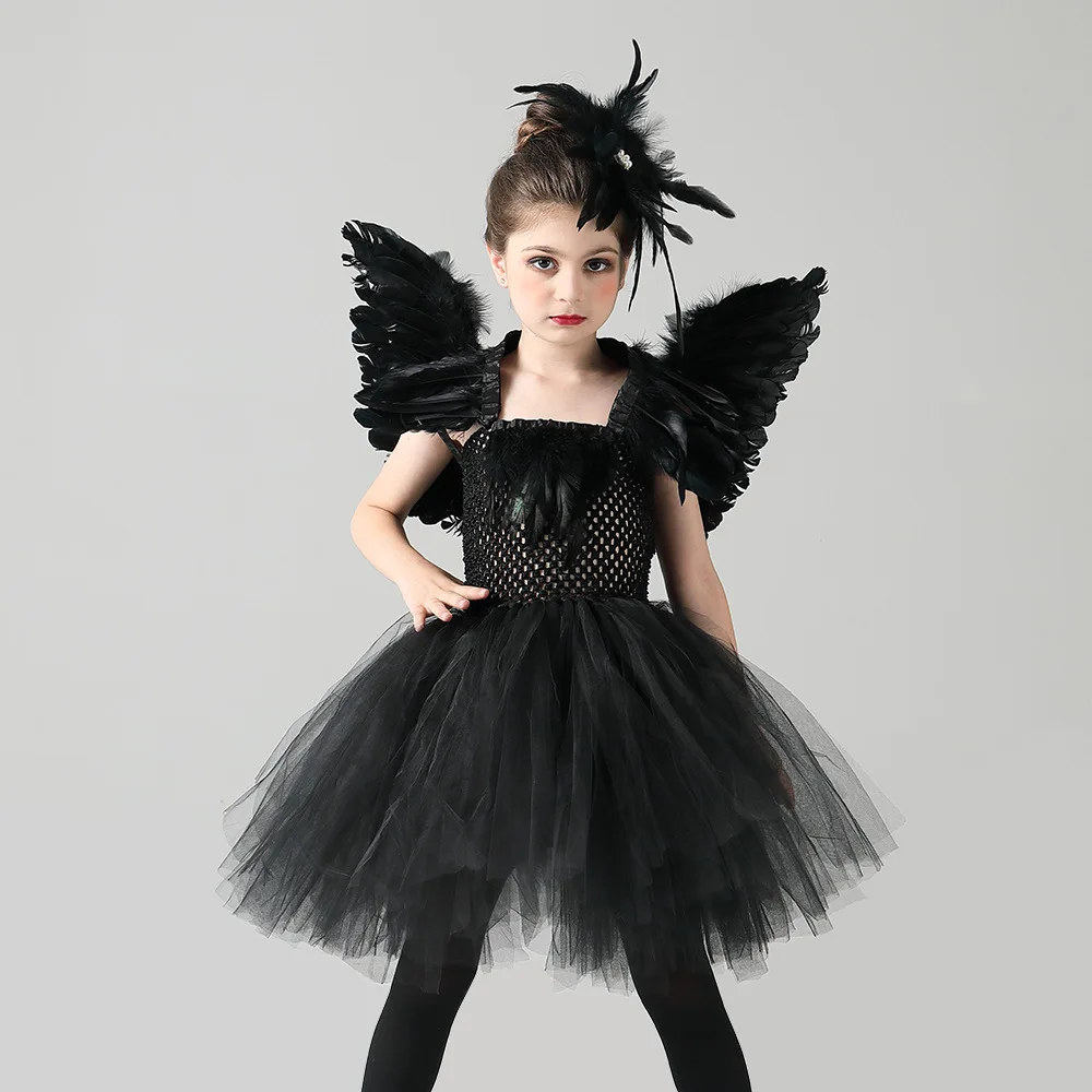 

Halloween Black Swan Dress Girl Dance Performance Tutu Skirt Little Devil Cosplay Costume Birthday Children's Day Gift for Girls
