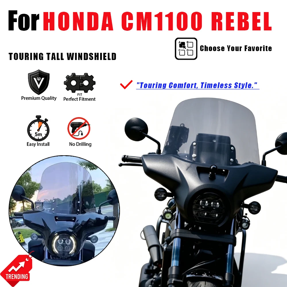 Фото Для Honda CM1100 Rebel 1100 2021-2024: Увеличенное ветровое стекло (Parabrisas Parabrezza) для мотоциклов, аксессуары, модифицированные детали для CMX 1100 №1