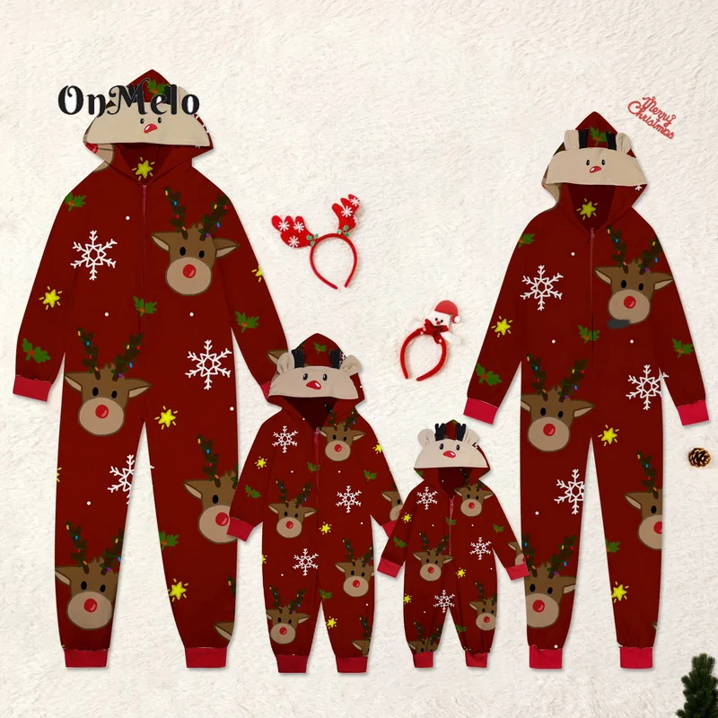 

Рождественский Семейный комплект пижамы OnMelo с капюшоном и оленями, комплекты одежды для детей и взрослых, комбинезон, комбинезон, семейный ...