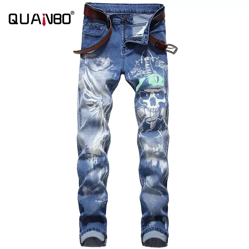 

NEW IN Fashion 3D Pattern Street Jeans Letters Printed Gothic Jeans Man Skinny Black Blue Designer Denim Pants Plus size 42