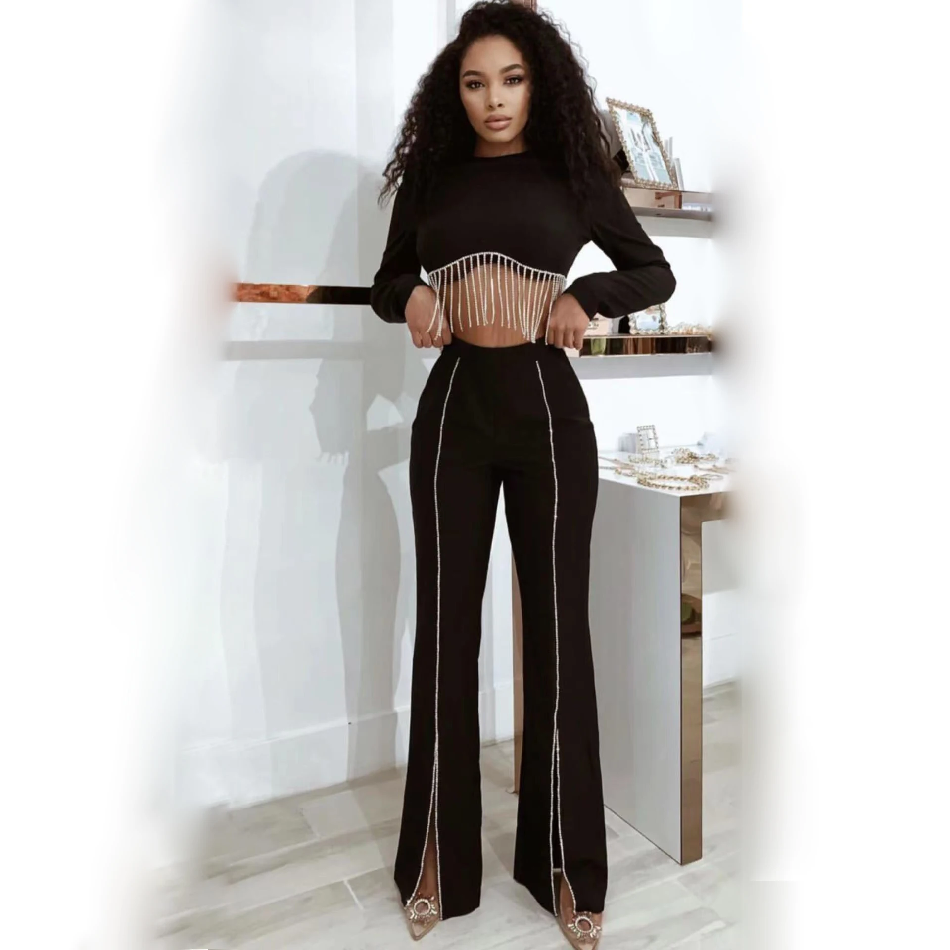 

Top Quality Women Long Sleeve Tops Pants Rayon Bandage Fashion Set Winter Style Nightclub Party Celebrate Women's Set