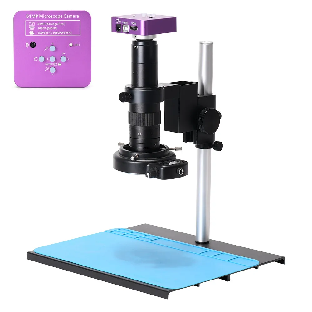 

2K 51MP FHD Digital Microscope 180X Tripod Stand HDMI USB Industrial Electronic Microscope Camera for Phone Repair Soldering