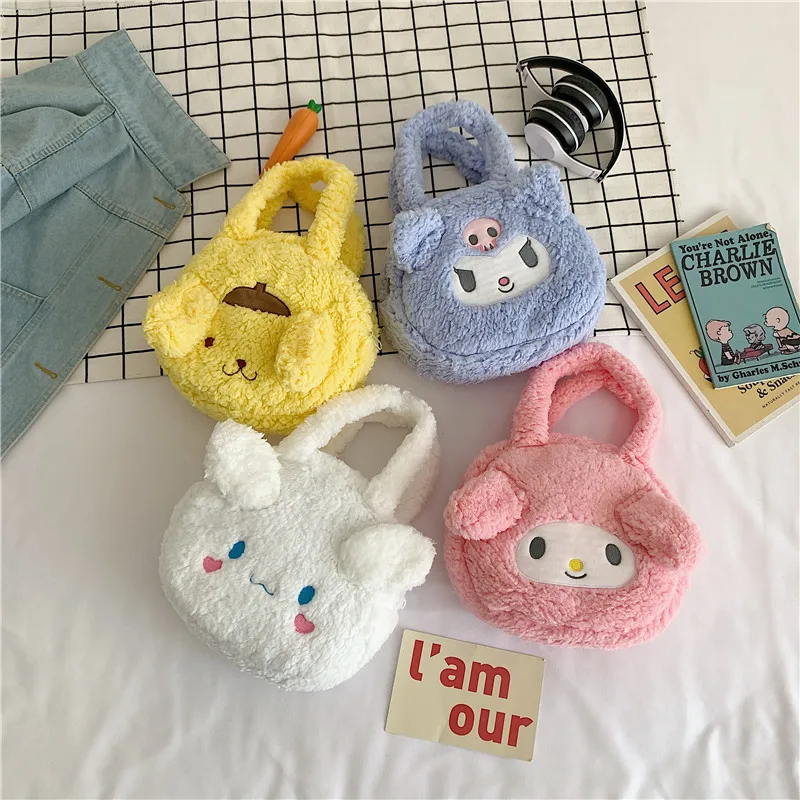

Милая Sanrio Cinnamoroll Kuromi женская сумка с помпоном моя мелодия пуриновая плюшевая Милая Вельветовая сумка через плечо