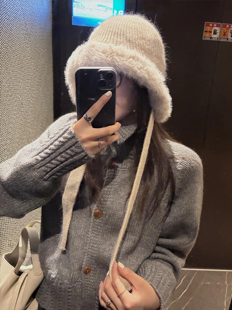 Autumn Furry Warm Earmuff Fisherman Hat Women 2024 Winter Plush Big Head Circumference Make Your Face Look Smaller Lei Feng