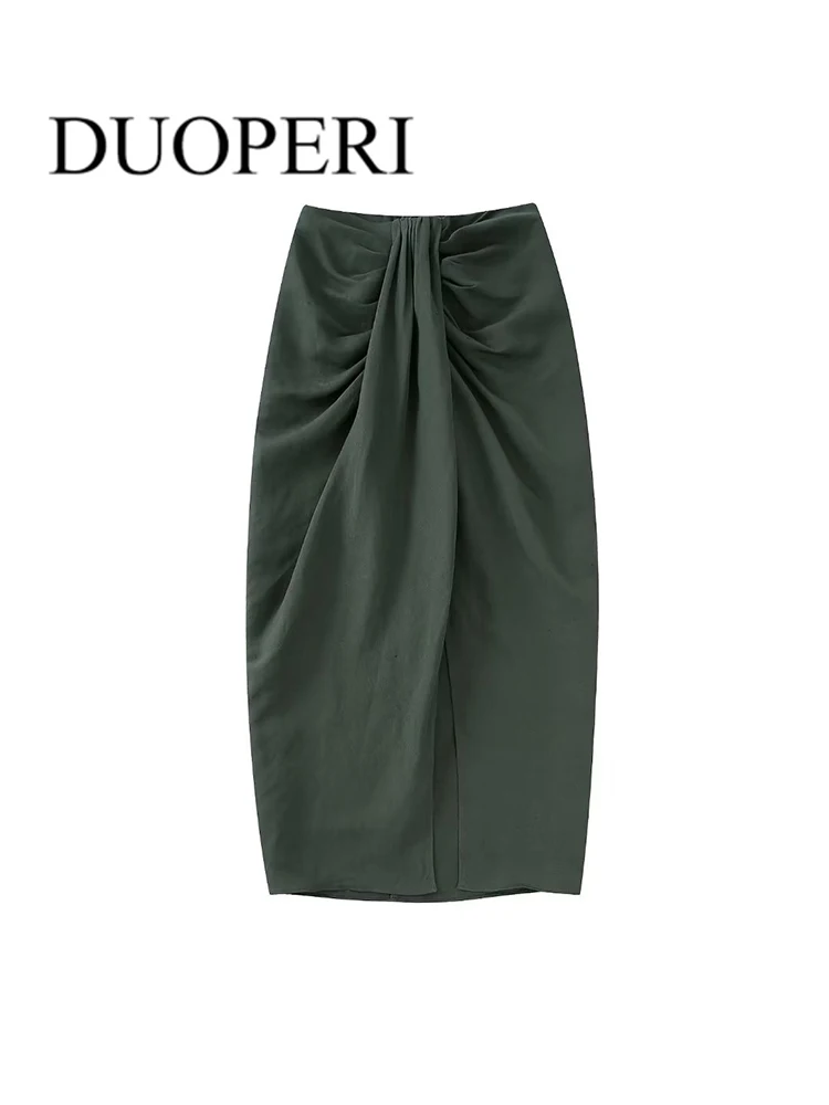 

DUOPERI Women Fashion Soild Midi Skirt Front Knot Pleated Wrap Vintage High Waist Back Zipper Female Skirts Mujer Outfits