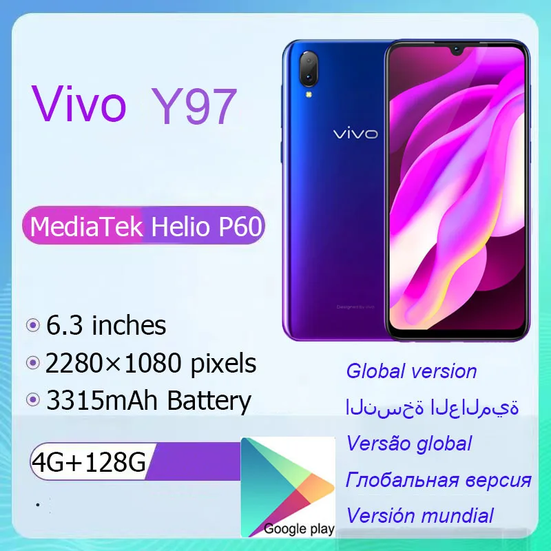 VIVO Y97 smartphone 4GB RAM 128GB ROM Octa Core Helio P60 6.3 Full Screen 16.0MP+2.0MP 1080P Dual Rear Camera Fingerprint