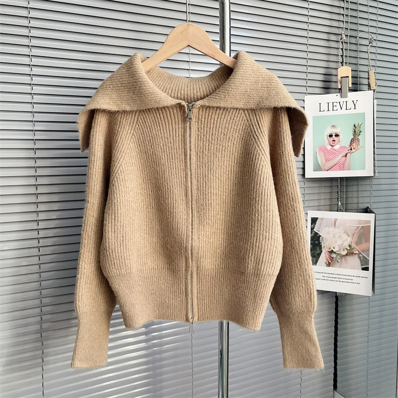 

SuperAen 2022 на молнии темно-синий свитер-кардиган с воротником куртка для женщин Осень и Зима Свободный Вязаный Кардиган Топ