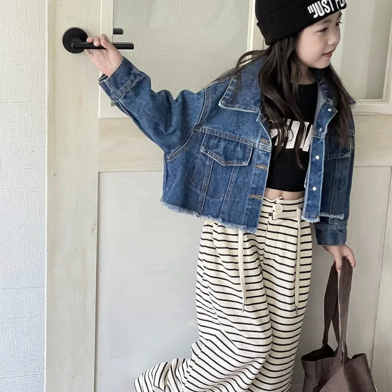 

Autumn girls raw edge short style denim coat kids vintage turn-down collar casual jacket
