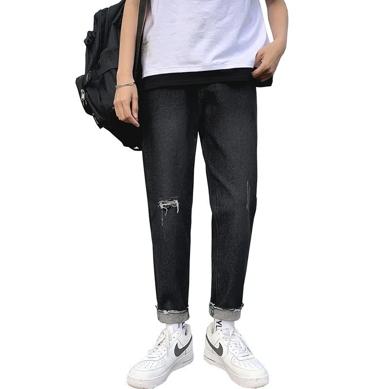 Summer Blue/Black Ripped Jeans Men Slim Fashion Casual Straight Jeans Mens Streetwear Hip Hop Hole Denim Pants Mens Trousers