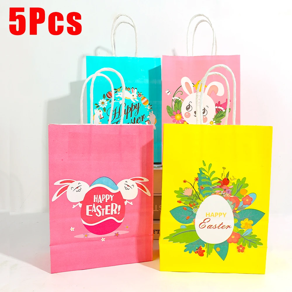 

5Pcs Kraft Paper Gifts Bags With Handle Cute Rabbit Biscuit Candy Gifts Packaging Bags For 2023 Happy Easter Party Decorations