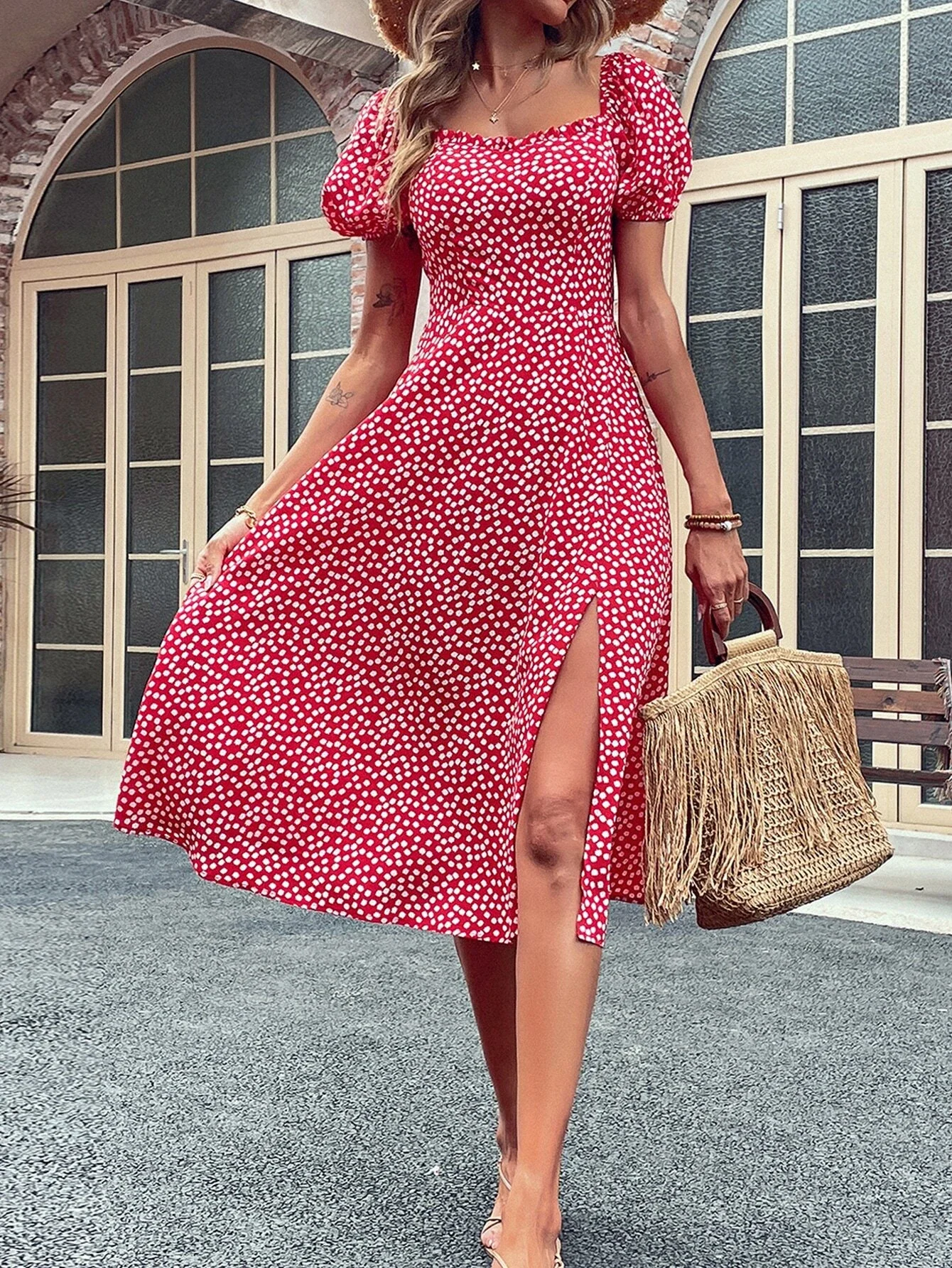 

Floral Print Puff Sleeve Split Thigh Dress