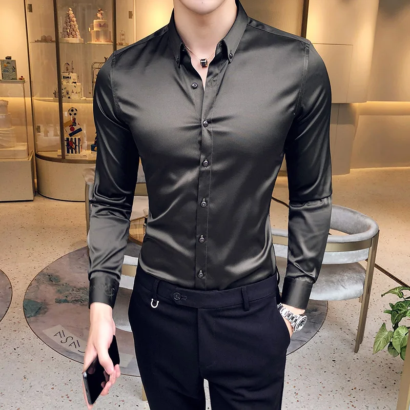 

Men Dress Shirts Solid Color Formal Business Social Clothing Blouse Neckline Embroidery Mens Shirts Long Sleeve Casual Slim Fit