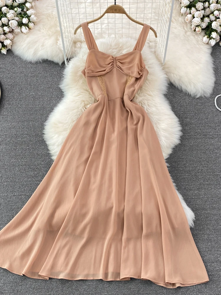 

FMFSSOM летнее Новое Женское милое Плиссированное однотонное платье на бретельках с V-образным вырезом модные повседневные праздничные притал...