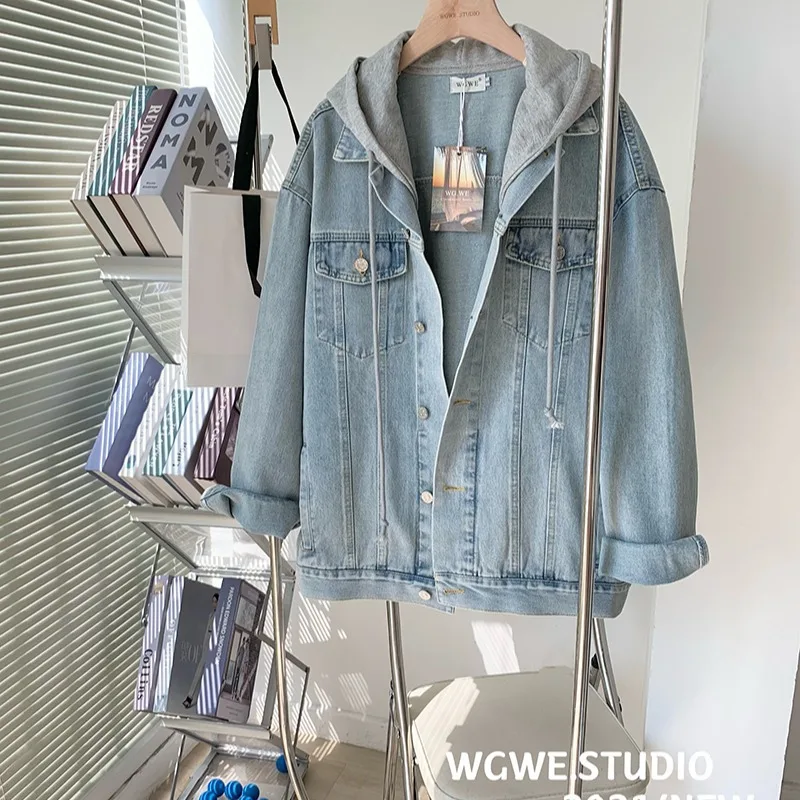 

Hooded denim jacket women's spring and autumn light-colored Korean version of loose casual jacket tide