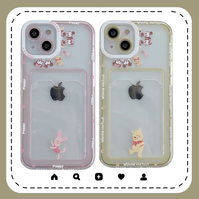 

Disney Cartoon Winnie The Pooh Pig Piglet Card Holder Phone Case for iPhone 11 12 13 mini pro XS MAX 8 7 Plus X XR Cover