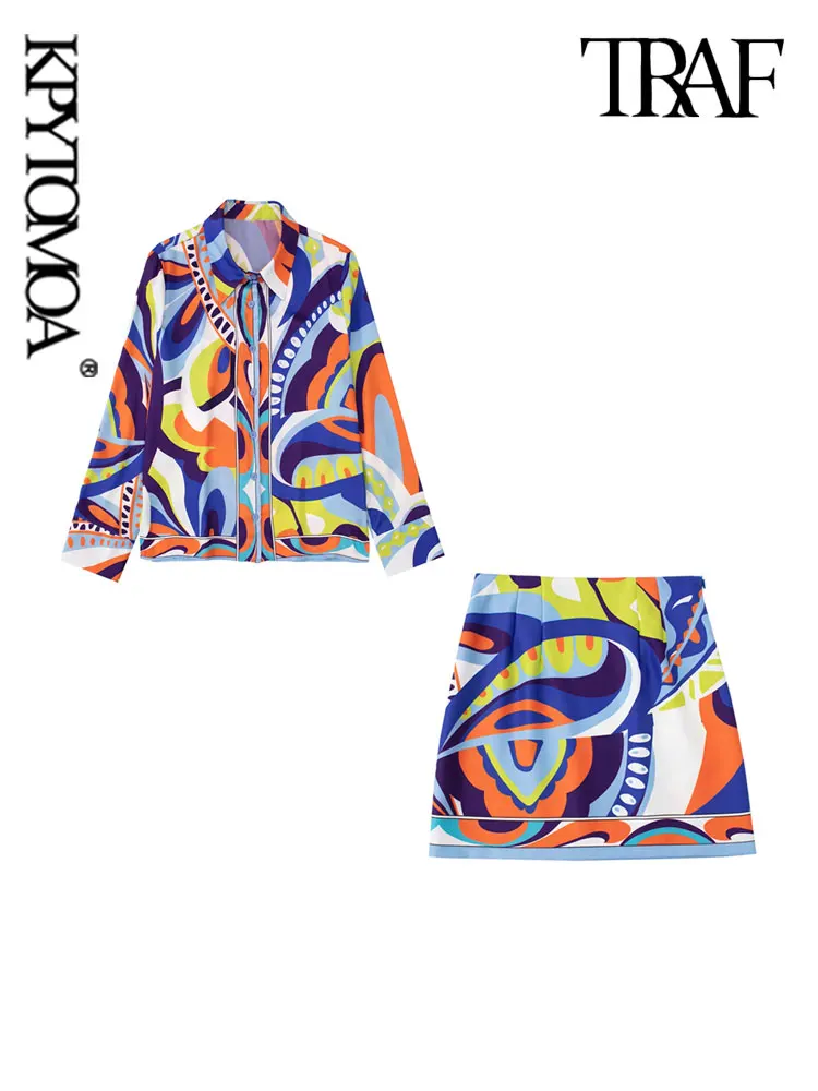 

KPYTOMOA Women Fashion Flowing Printed Shirts And High Waist Side Zipper Mini Skirt Female Two Piece Sets Mujer