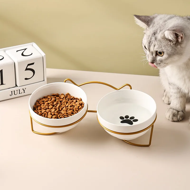

Ceramic Double Cat Food Bowl With Stand Dog Kitten Puppy Feeding Dish Metal Water Feeder Fishbone Footprint Pattern Pet Supplies