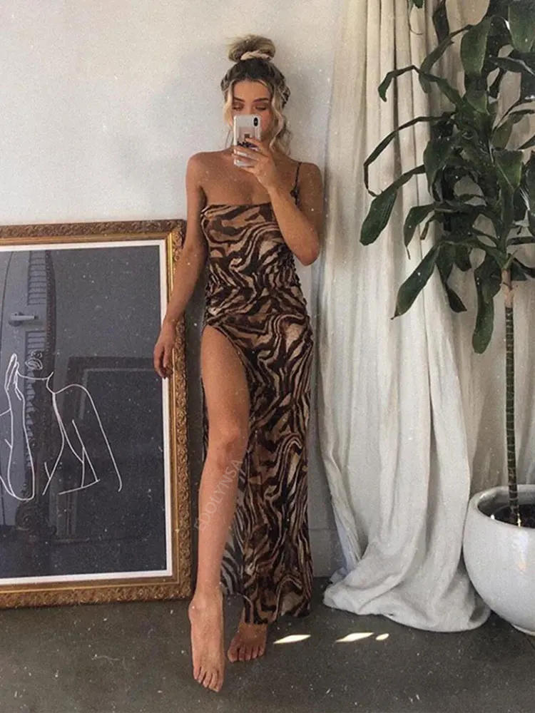

Sexy Leopard Spaghetti Strap One Shoulder Bodycon Women Summer Midi Dress Women Summer Clothes Beach Wear Slip Dresses A1349
