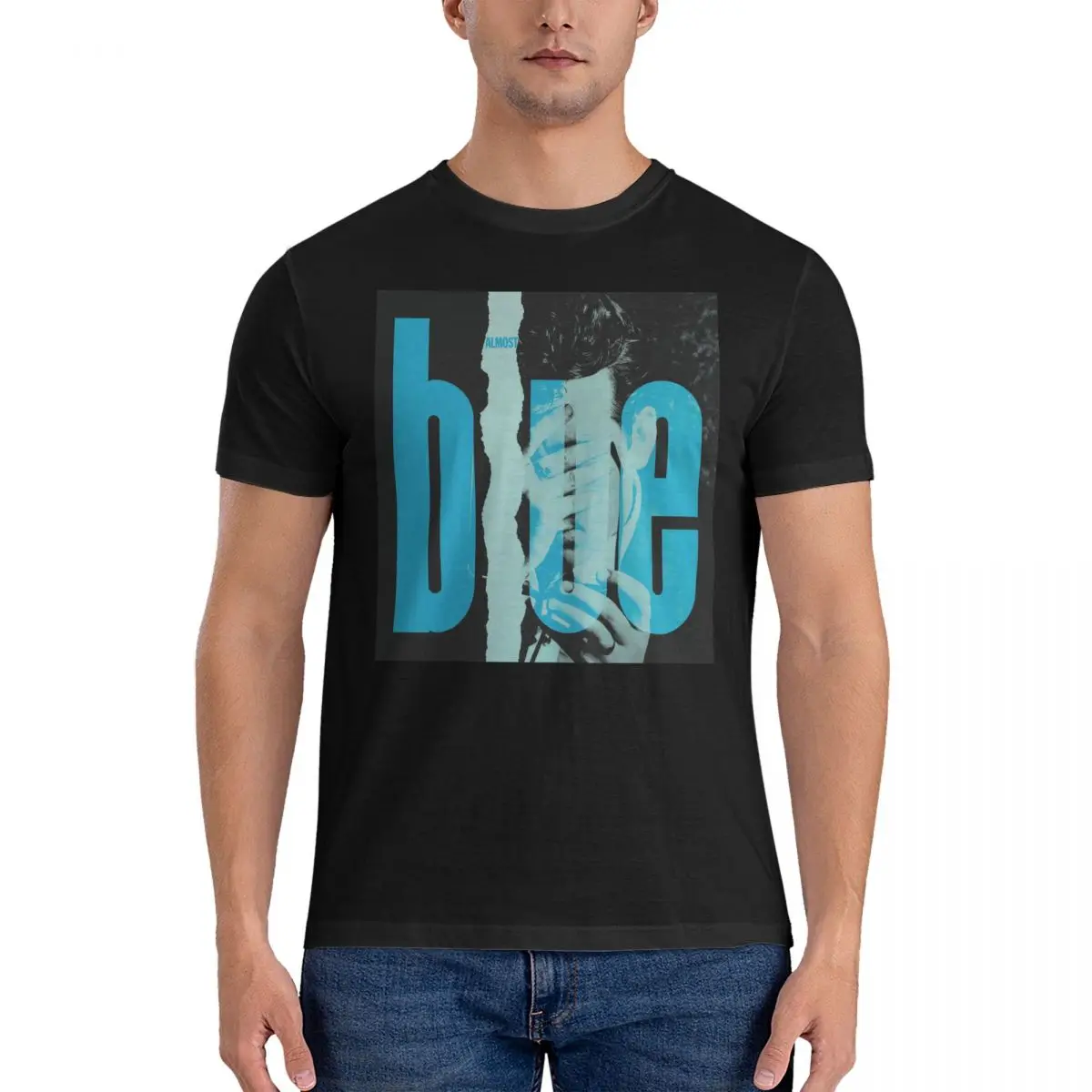 Футболка мужская из чистого хлопка винтажная тенниска почти синего цвета с