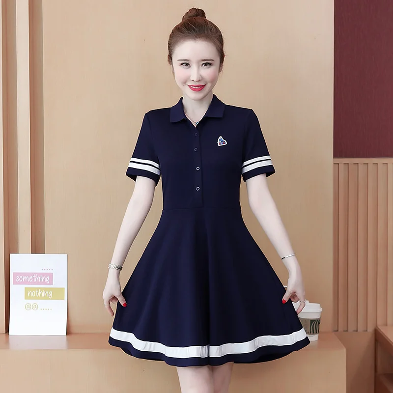 

#6406 Navy Blue A-line Dress Women Polo-neck Short Dress Female Short Sleeve Buttons White Striped Elegant T Shirt Dress Summer