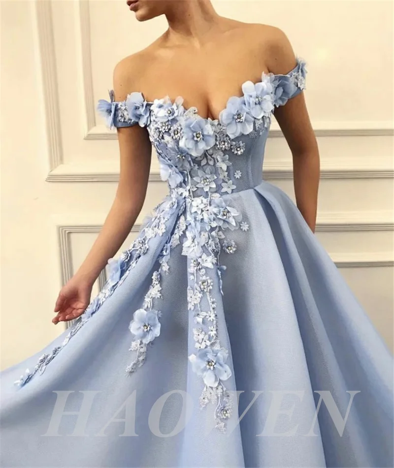 

HAOWEN Baby Blue Princess Prom Dresses Off the Shoulder 3D Flowers Evening Gown Long Formal Party Dress Plus Size Custom Made