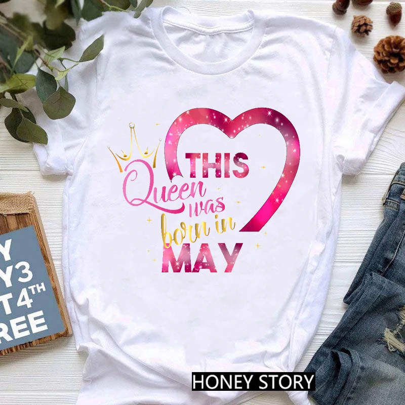 

WVIOCE Femme Birthday Tops Golden Crown Queen Are Born In January To December Graphic Print T-Shirt Women Clothing Tshirt