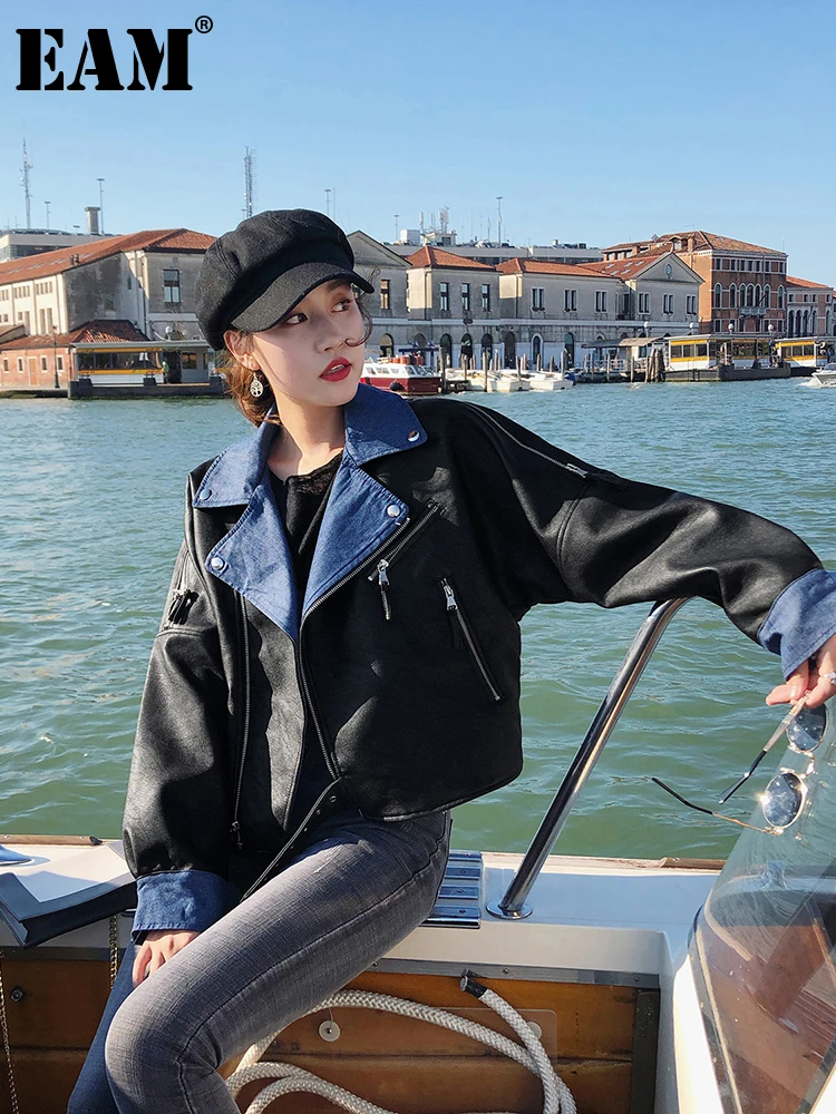 

[EAM] Loose Fit PU Leather Denim Big Size Short Jacket New Lapel Long Sleeve Women Coat Fashion Tide Spring Autumn 2022 1DE0653
