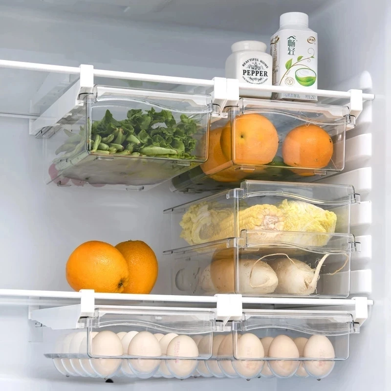 2PCS Fridge Organizer Fruit Food Storage Box Slide Under Shelf Refrigerator Drawer Box Rack Fresh Spacer Layer Egg Shelves