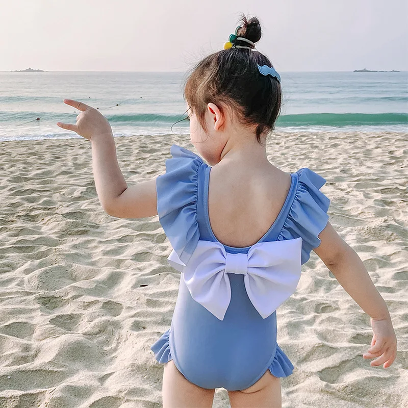

Baby Girl Swimsuit with Bathing Cap One-piece Bows Swim Suit Backless Bikini Belly Covering Swimwear Hot Spring Beach Bathing