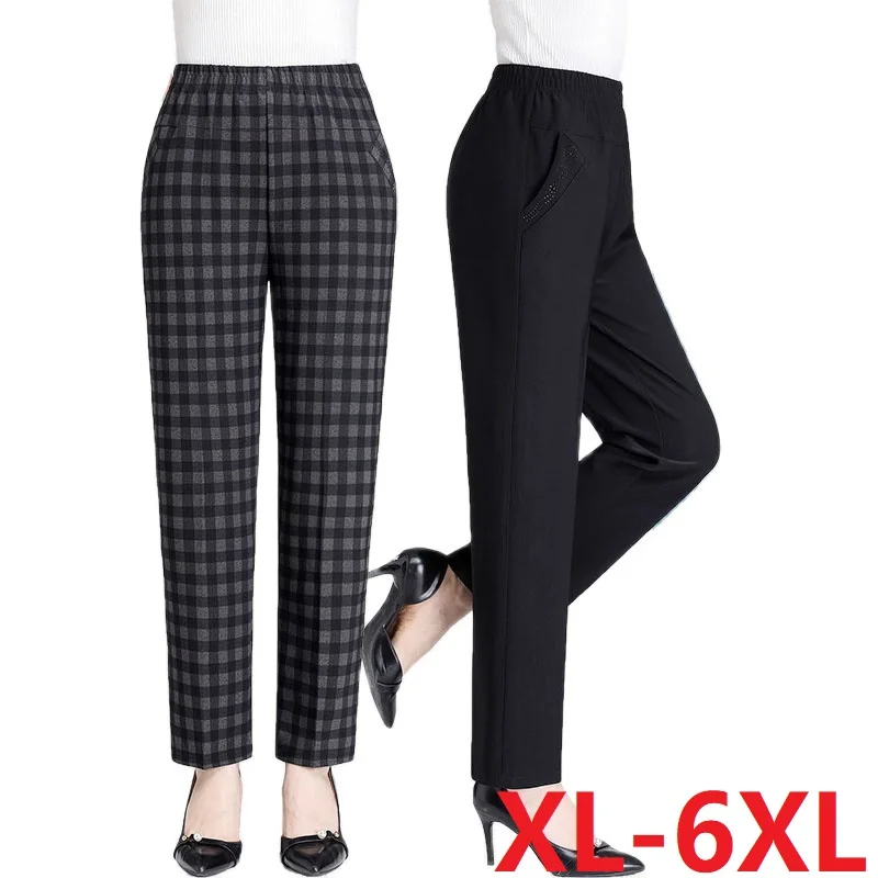 

Women Trousers 2023 New Spring Autumn Middle-aged Elderly Straight Pants Elastic Waist Winter Fleece Female Casual Pants 5XL 6XL
