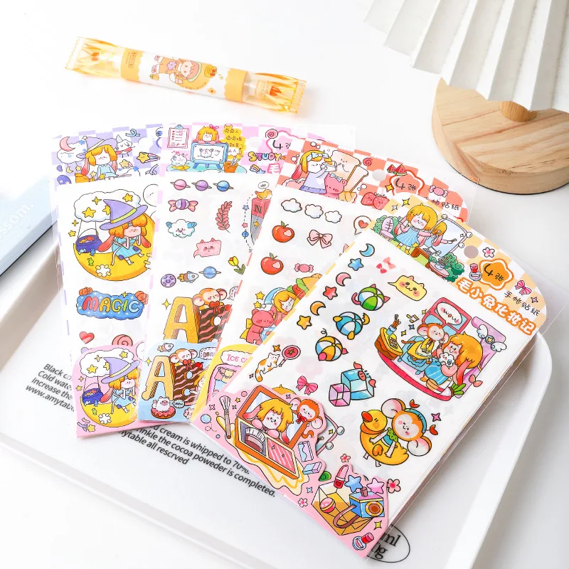 

4 Packs Total 16PCS Lovely Cartoon Animal Friends Little Girl Colorful Paper Stickers Set DIY Scrapbooking Decoration Supplies