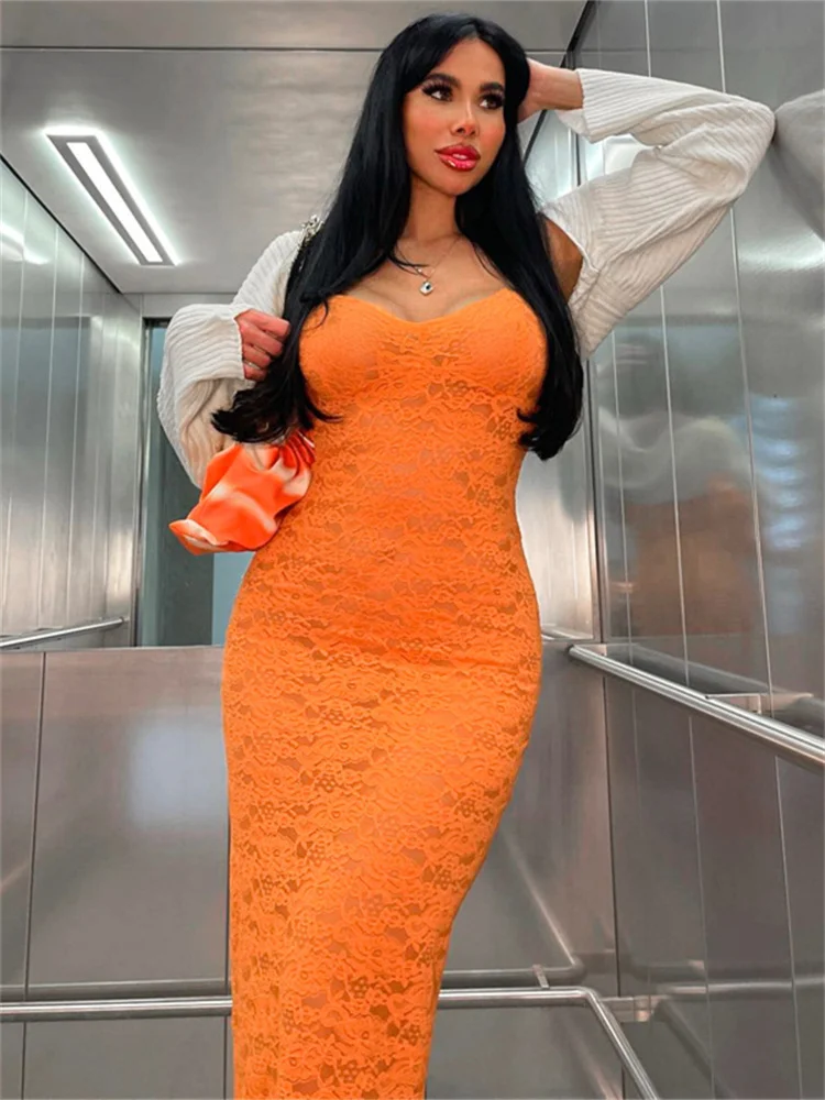 

WJFZQM сексуальные прозрачные кружевные платья без рукавов с открытой спиной на тонких бретельках облегающее платье макси для женщин 2023 Клубн...