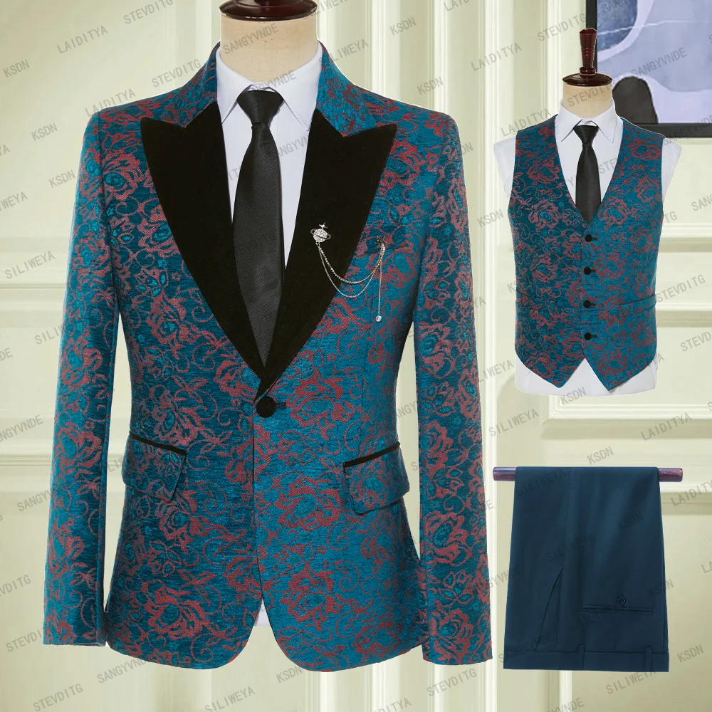 

2023 New Men's Blue Casual Business Boutique Red Flower Print Black Peak Lapel Suit Three Piece Set Men's Blazers Coat