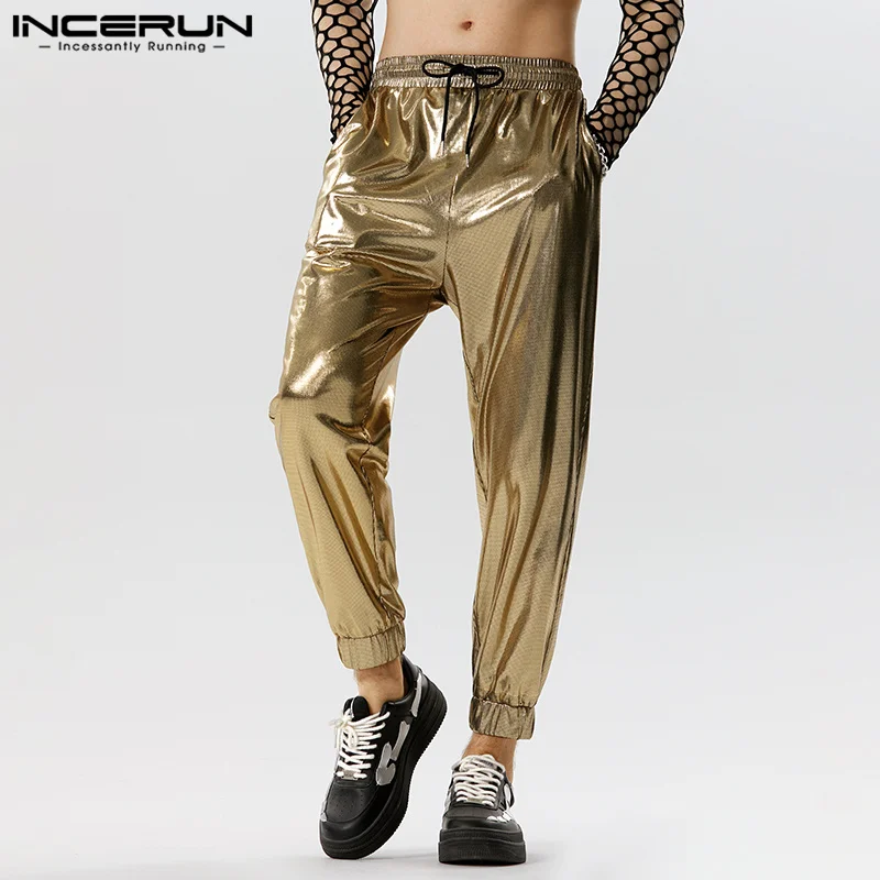 

Штаны INCERUN мужские с блестящим шнурком, джоггеры, свободные стильные брюки, уличная одежда, однотонные блестящие бриллиантовые брюки, 2023