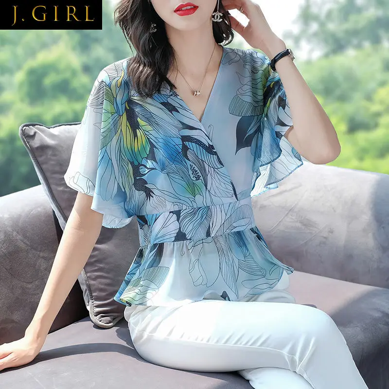 

Vintage Printed V-Neck Butterfly Sleeve Chiffon Shirt Commute Pullovers 2022 Summer New Elegant Fashion Women's Clothing Blouse