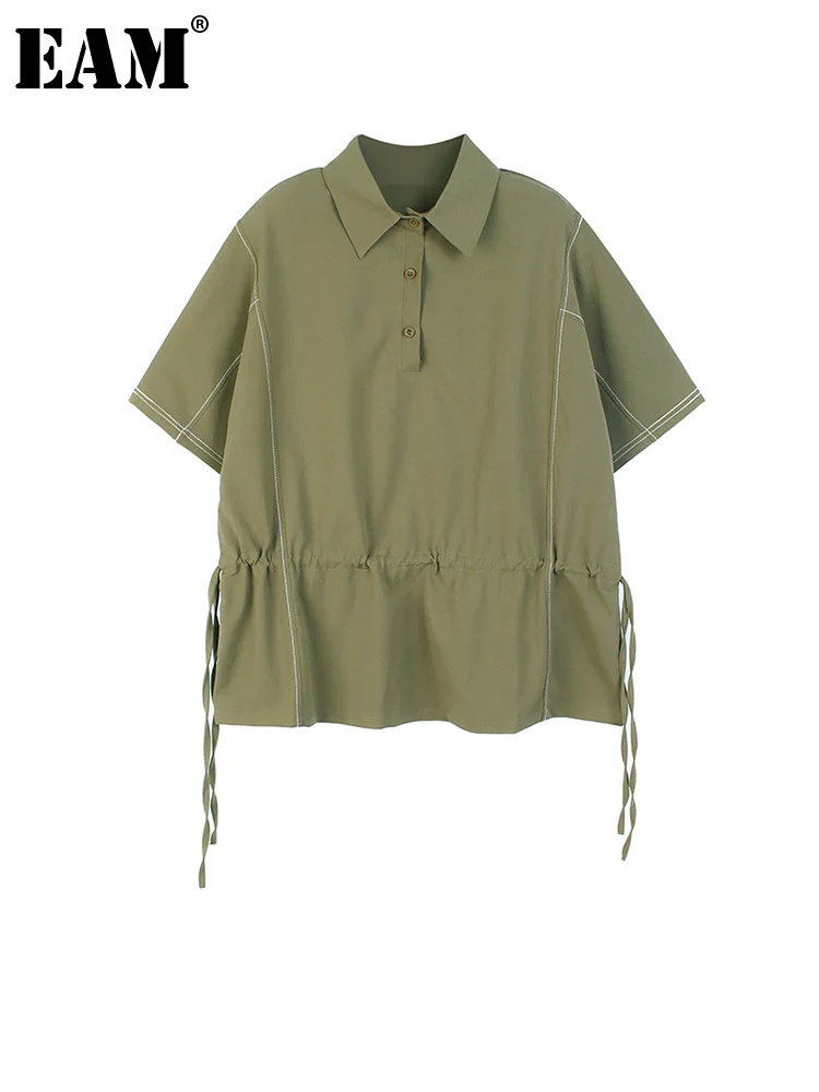 

[EAM] Women Green Drawstring Big Size Blouse New Lapel Short Sleeve Loose Fit Shirt Fashion Tide Spring Summer 2022 1DE9526
