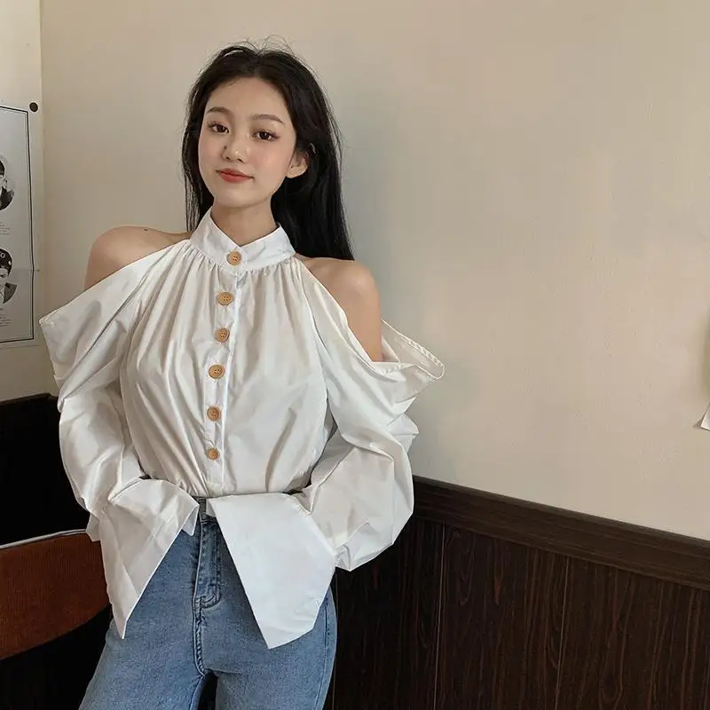 

2023 Strapless long-sleeved halter neck top women's summer new design sense niche fashion shirt loose white shirt