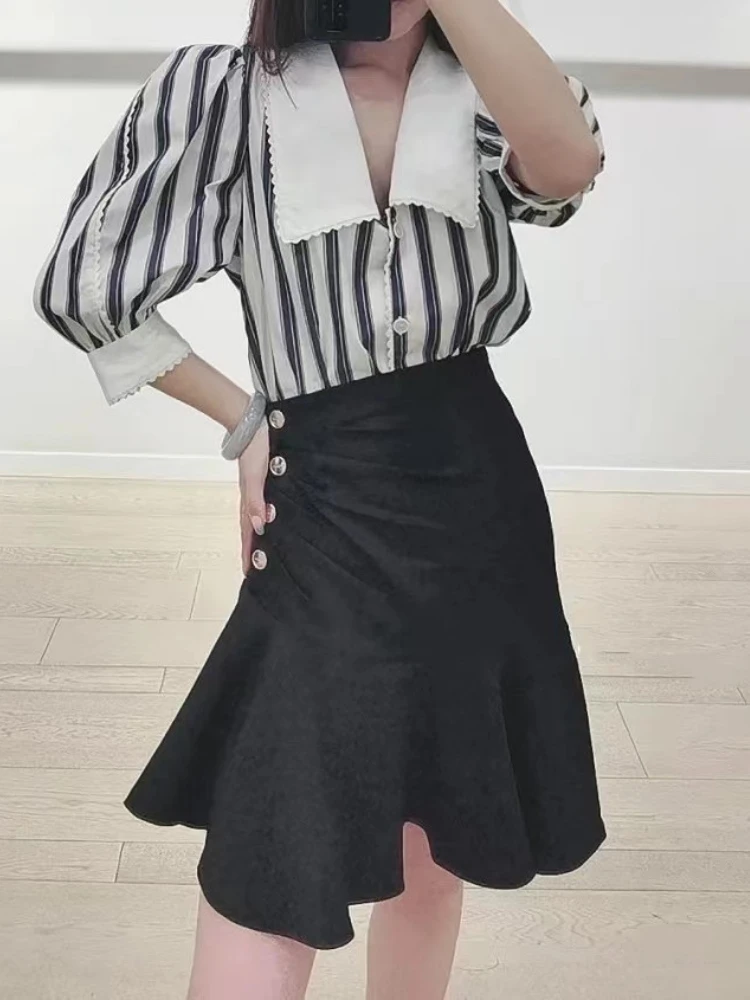 

2022 Summer New Sandr Paris Women Shirring Irregular Fishtail Metal Buttons Ruffled Skirt Women Mini Skirts