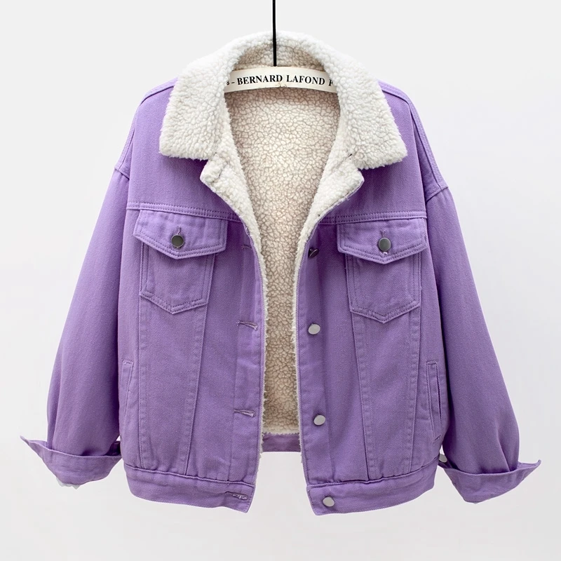 

Autumn and Winter Denim Plus Velvet Warm Jacket Women Korean Version of The New Loose Pink Purple Yellow Denim Jacket Women