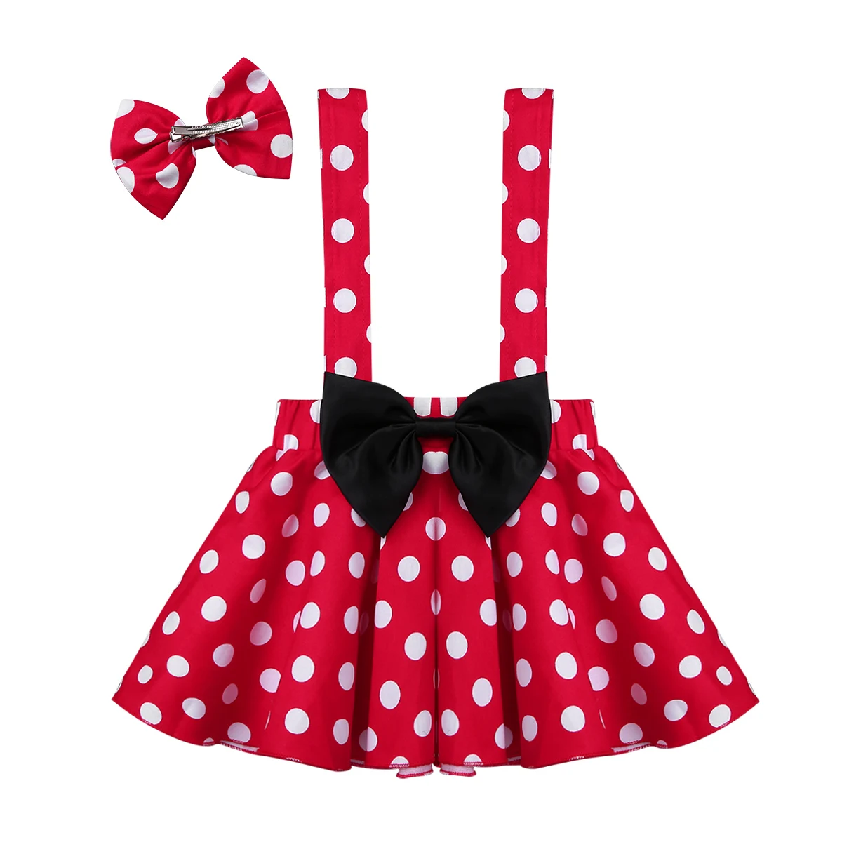 

Baby Girls Polka Dots Suspender Skirt with Bow Clothes Set Kawaii Cartoon Print Criss-Cross Skirts Party Dress Outfit