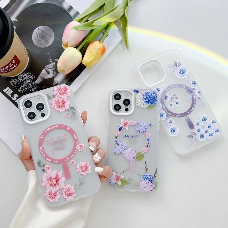 

Clear Flower Phone Case For Magsafe Magnetic Wireless Charging For iPhone 14 13 12 11 Pro Max Shockproof Matte Transparent Cover