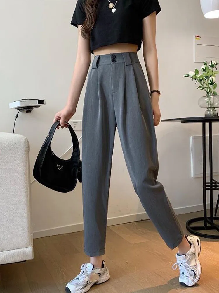 

Straight Pants Women High Waisted Wide Leg Trousers Chic Gray Black Suit Trousers Female Korean Casual Loose Pants Pantalones