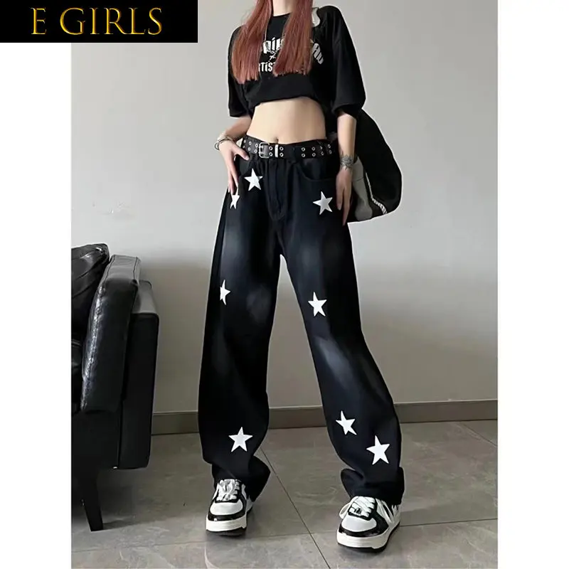 

Женские американские модные пятиугольные джинсы, Осенние мешковатые джинсы Y2K в стиле High Street, прямые широкие брюки-трубы с наполнителем и шваброй