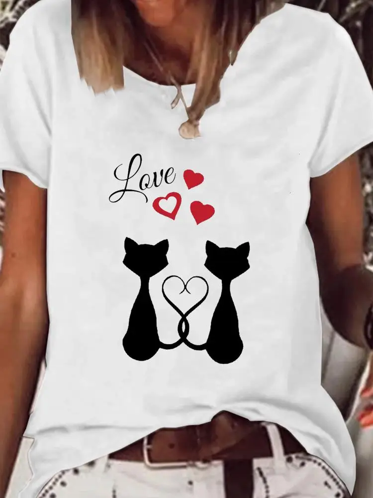 

Short Sleeve Clothes Print T Shirt Basic Tee Women Clothing Fashion Cat Love Valentine Trend Graphic T-shirt Summer Kawaii Top