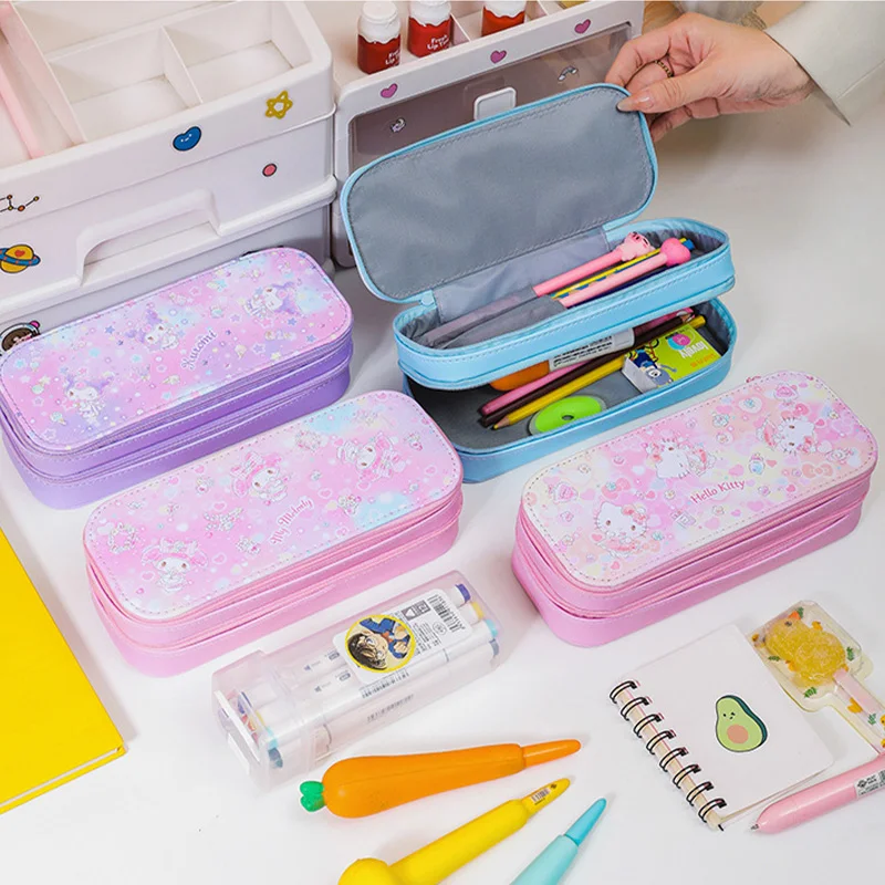 

Kawaii Mymelody Kuromi Cinnamoroll Карандаш Чехол Sanrio аниме из искусственной кожи мультфильм канцелярская коробка двухслойная милая сумка для хранения подарок